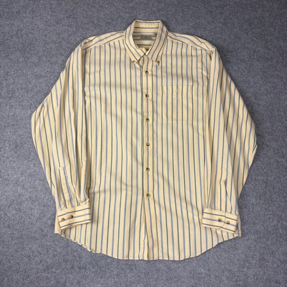 LL Bean Mens Large Regular Button Down Shirt Yellow Blue Striped Cotton 0FWA4